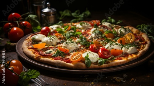 b'A delicious pizza with tomatoes, basil, and mozzarella cheese'