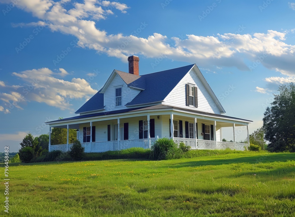 b'White Farmhouse in Rural Field' b'White Farmhouse in Rural Field'
