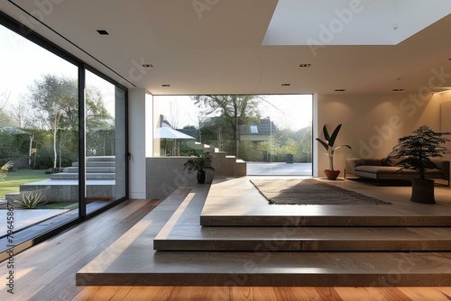 b A modern living room with a large glass window and a raised platform 