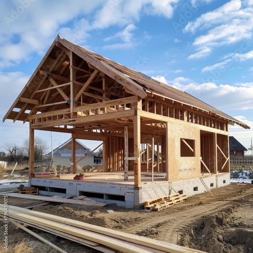 Wooden frame construction with truss, posts, and beams for new house manufacturing project