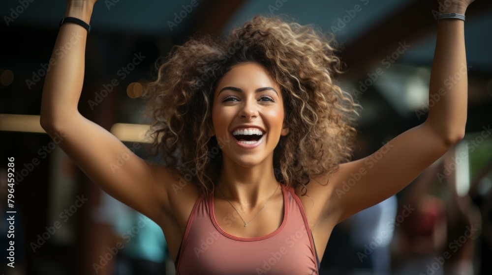 b'Ecstatic curly haired woman celebrating her success with arms raised'