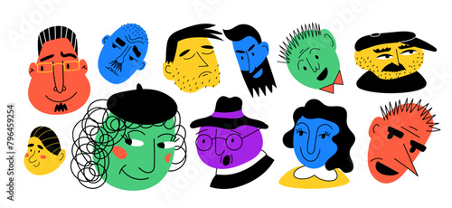 People face, abstract doodle style portrait. Unique funny characters, symbol quirky modern flat boy. Cartoon cool men and women, logo isolated design. Vector sketch young garish contemporary set