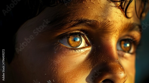 Portrait of a young boy's face, his eyes shining with determination and hope.