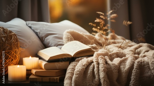 b'A cozy bedroom with a book, candles, and a blanket'