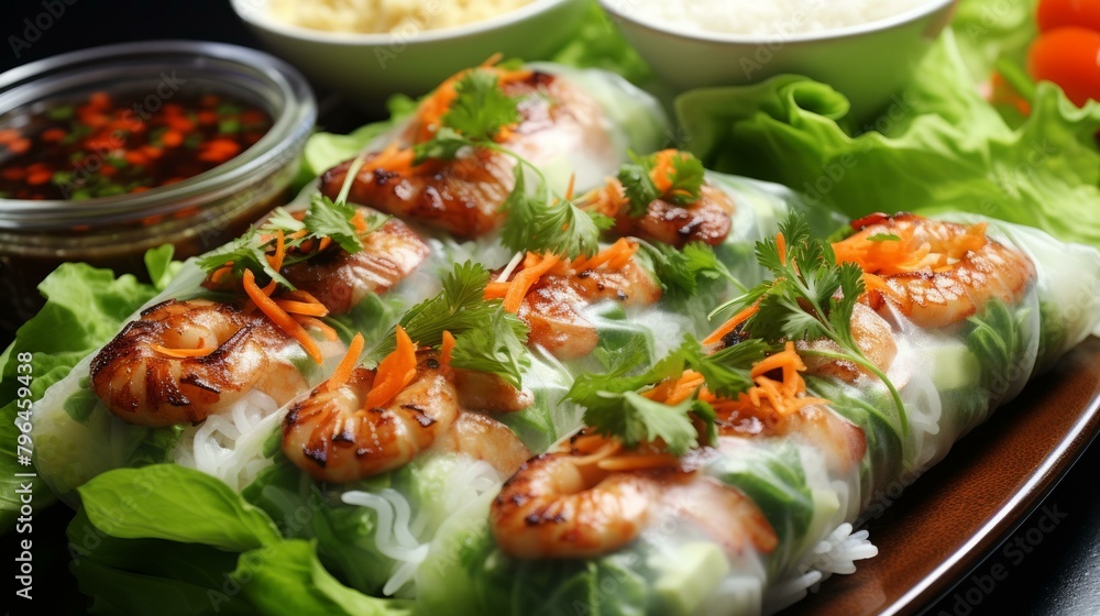 b'Fresh and healthy Vietnamese summer rolls with vegetables and rice noodles' b'Fresh and healthy Vietnamese summer rolls with vegetables and rice noodles'