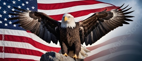 Bald eagle head on American flag background photo