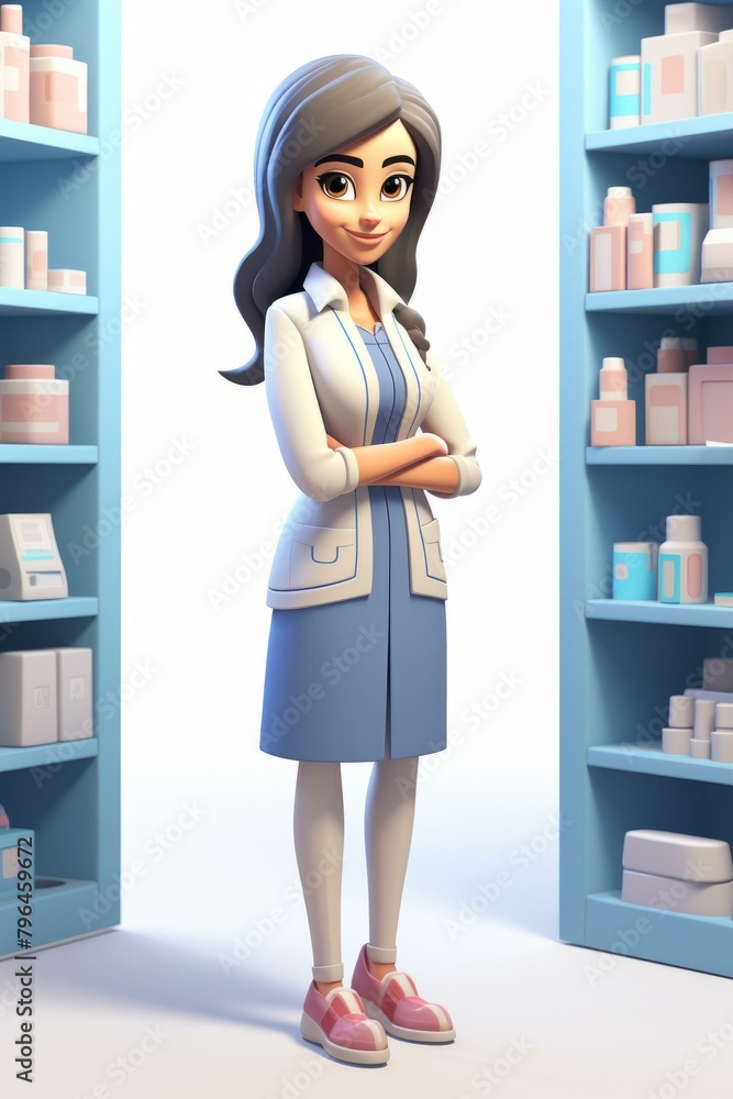 b'A female pharmacist standing in a pharmacy with shelves of medication on either side of her' b'A female pharmacist standing in a pharmacy with shelves of medication on either side of her'