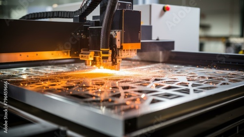 b'Industrial laser cutting machine in operation' photo