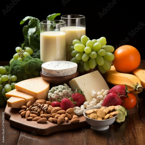 b'A variety of healthy foods are arranged on a wooden table.'