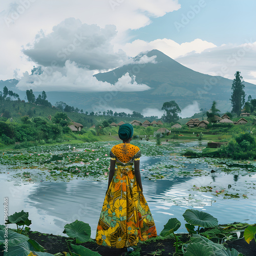 Idyllic Rural Landscape of Rwanda with a Glimpse of the Majestic Virunga Volcanoes