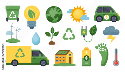 Carbon footprint. Green energy. Environment conservation. Sustainable climate. CO2 exhaust. Electrical car. Eco change. Electricity consumption. Global warming. Garbage recycle. ESG icons vector set
