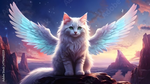 fantacy angel cat has wings on the mountain photo