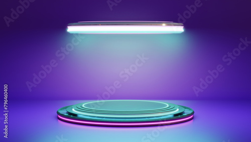 3D Futuristic glowing podium with neon light background