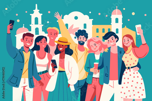 Vibrant Group of Friends Enjoying City Life Illustration