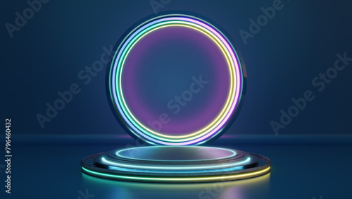 3D Futuristic neon circle on dark background