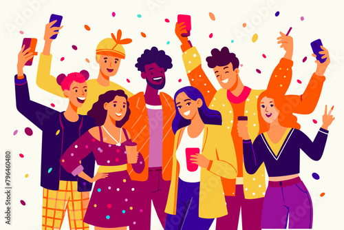 Cheerful Friends Celebrating Together with Selfies and Party Vibes