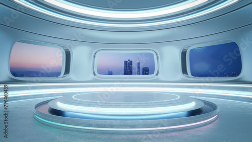 3D Futuristic city view from sci-fi interior