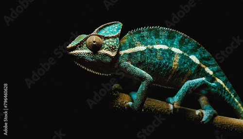 side on picture of a yemen chameleon isolated on a black background