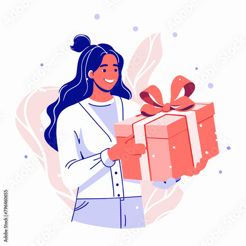 Cheerful Woman Holding a Large Gift Box with Joyful Expression