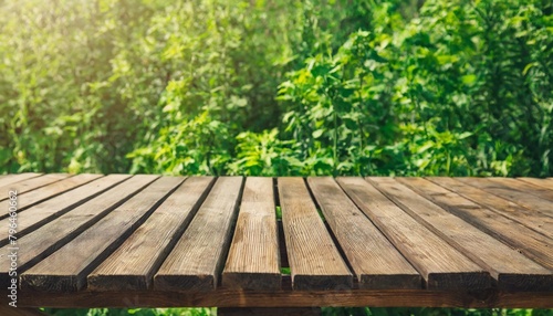 wooden deck table on green grunge background generative ai