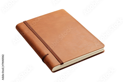 Whispers of Wisdom  A White-Covered Brown Leather Notebook. On a White or Clear Surface PNG Transparent Background.