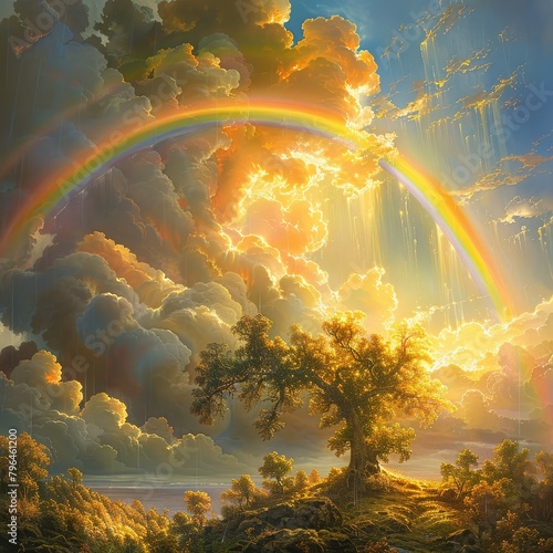 A rainbow over a beautiful landscape with a large tree in the foreground.