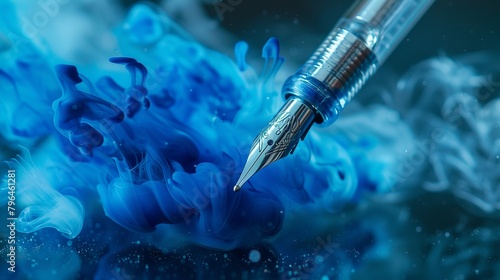 an expensive silver pen, messing up the scene with blue ink High quality studio photo