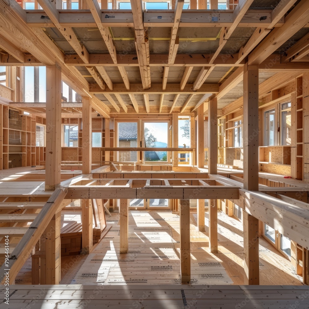 Fototapeta premium Wooden house construction frame provides a solid base for creating a warm and inviting home