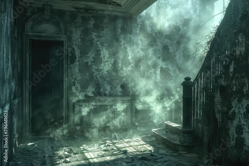 A dark and eerie hallway with a green mist