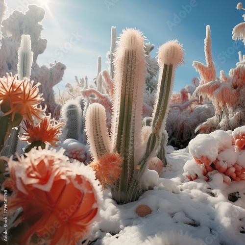 A Surreal Scene of Snow-Covered Cacti in a Frosted Desert Landscape with a Blue Sky