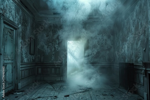 A dark  abandoned room with a bright light coming in through the doorway.