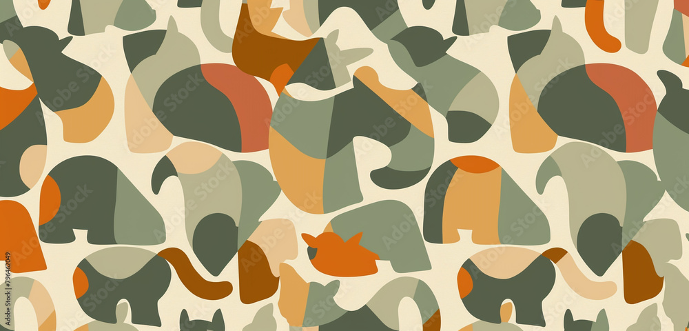 Geometric pattern with abstract animal shapes in sage green, orange, and beige. Geometric pattern with abstract animal shapes in sage green, orange, and beige.