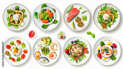 Set of plates with tasty food on white backgroun