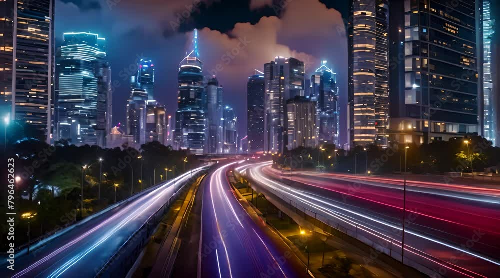 Technological Night in a Mega City Trail Lights, Building Reflections, and Cloudy Technological Night in a Mega City Trail Lights, Building Reflections, and Cloudy