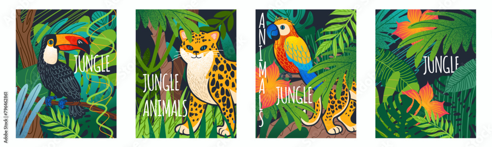 Naklejka premium Jungle forest. Illustration abstract texture. Bird toucan and leopard on tropical plant nature background. Wild jaguar, parrot and tiger. Cute doodle leaf. Wall art or poster design. Vector cartoon