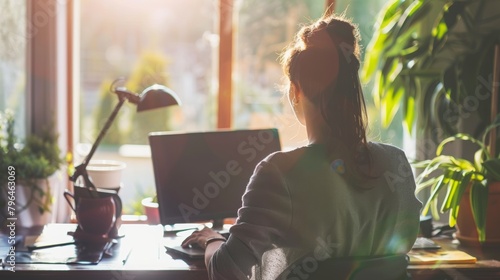 Woman Working in Sunlit Home Office with Plants photo