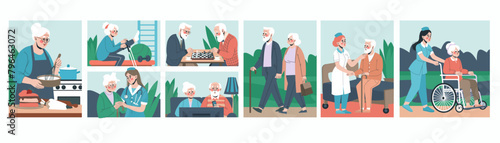 Care nurse. Help to senior patient. Hospital carer. Nursing home. Old men play chess. Grandmother in wheelchair. Happy older woman walking in clinic park. Elder life. Elderly couple leisure vector set