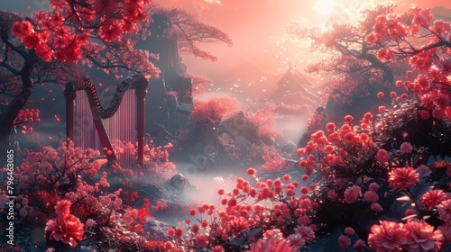 A mystical garden filled with blooming flowers of every hue their petals swaying to the rhythm of a mystical harp and flute duet creating a transcendent experience for all photo