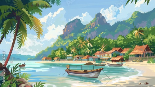 Paradise Found: Tropical Island Scene with Fishing Boats, Palm Trees, and Majestic Mountains © Marcos