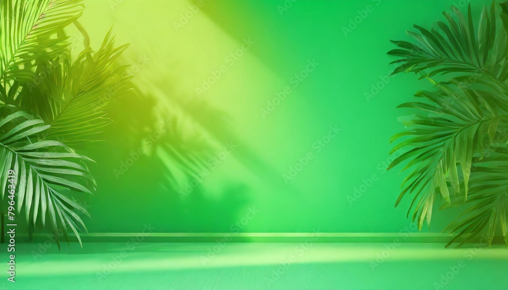 abstract green gradient background for presenting products in a studio setting the room is empty with window shadows flowers and palm leaves it is a 3d room with space for text