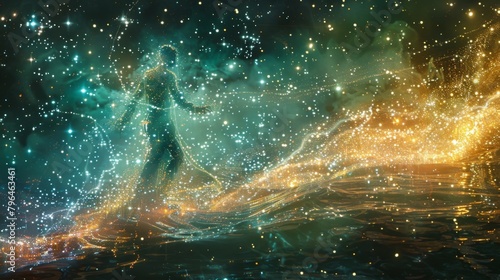 A glowing ethereal figure floats a a of constellations representing the embodiment of the human spirit in a boundless universe.