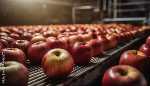 clean and fresh gala apples on a conveyor belt in a fruit packaging warehouse photo