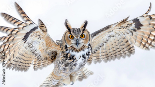 An owl in flight, isolated on a white background