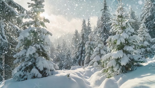 snowfall in winter forest beautiful landscape with snow covered fir trees and snowdrifts merry christmas and happy new year greeting background with copy space winter fairytale