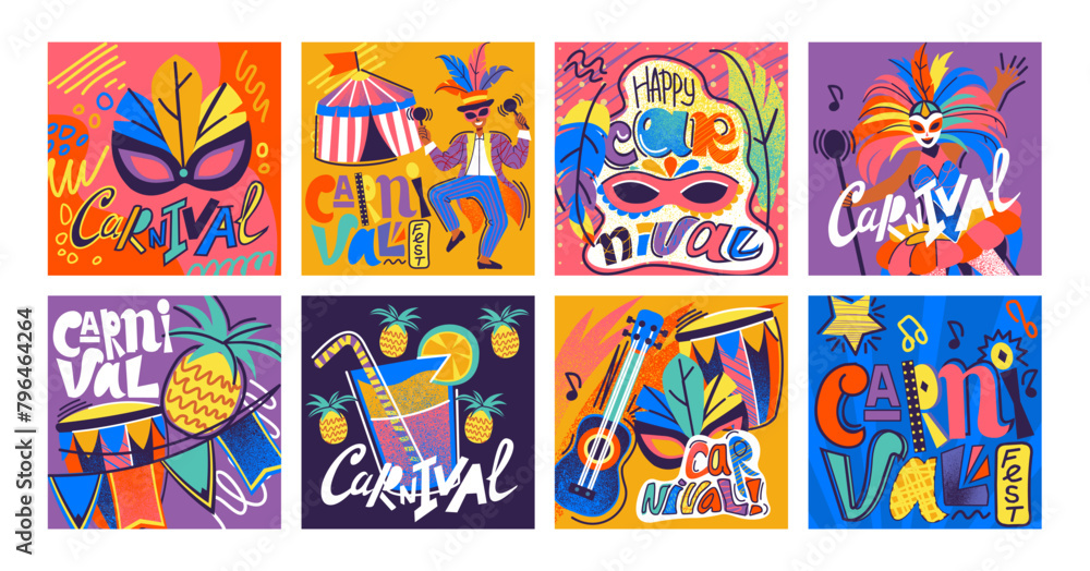 Carnival party poster. Festival costume and mask. Circus fair. Music concert. Brazilian fest background. Cocktail bar. People festive dance. Happy man and woman. Abstract banners vector design set
