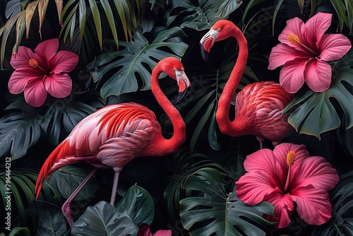 Tropical flowers, plants, leaves and flamingos. Vector illustration of exotic pattern