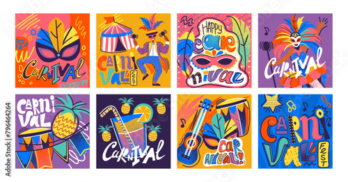 Carnival party poster. Festival costume and mask. Circus fair. Music concert. Brazilian fest background. Cocktail bar. People festive dance. Happy man and woman. Abstract banners vector design set © Natalia