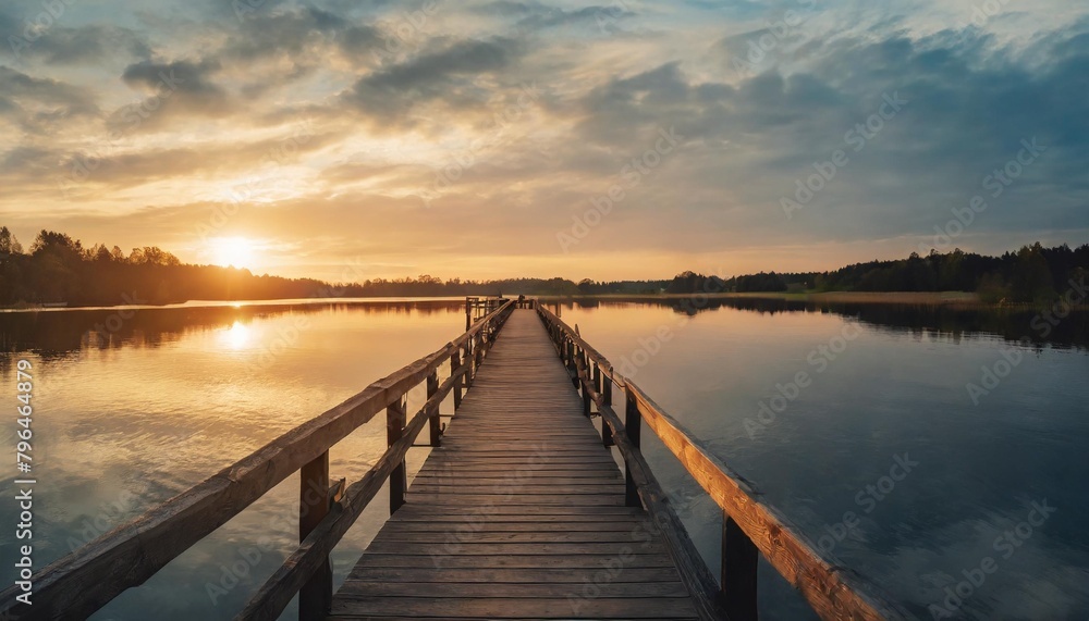 dramatic sunset over the calm lake with straight wooden bridge