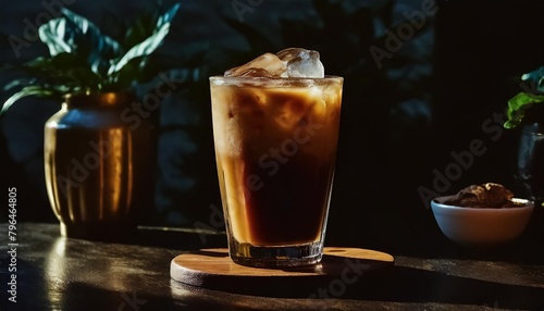 a glass of iced coffee is sitting on a table