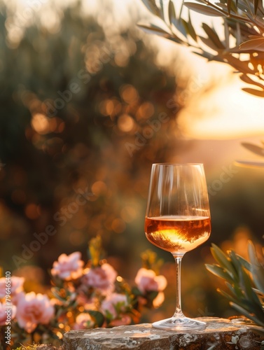 A glass of rose wine with an olive branch and flowers and a rural sunset blurry background landscape with olive trees, AI generated